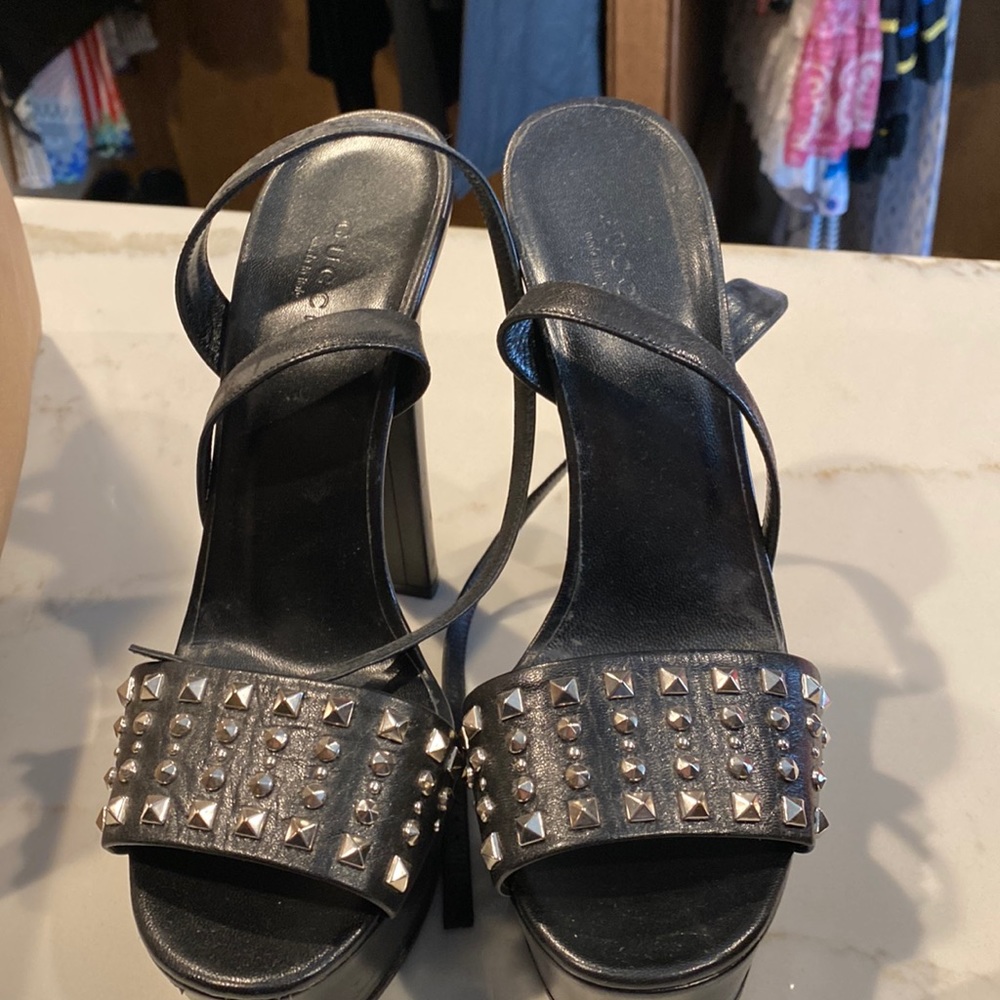Gucci ankle wrap strap heels, size 39 IT good condition, black leather w studs